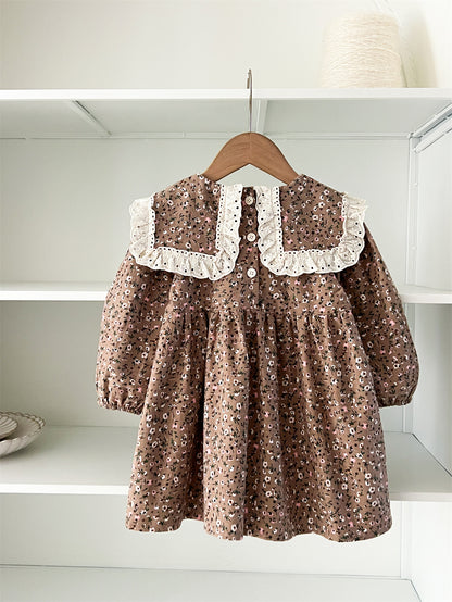 Spring Arrival Baby Girls Long Sleeves Vintage Floral Pattern Dress 90 (12-24M) / Brown Spring Arrival Baby Girls Long Sleeves Vintage Floral Pattern Dress 90 (12-24M) / Brown