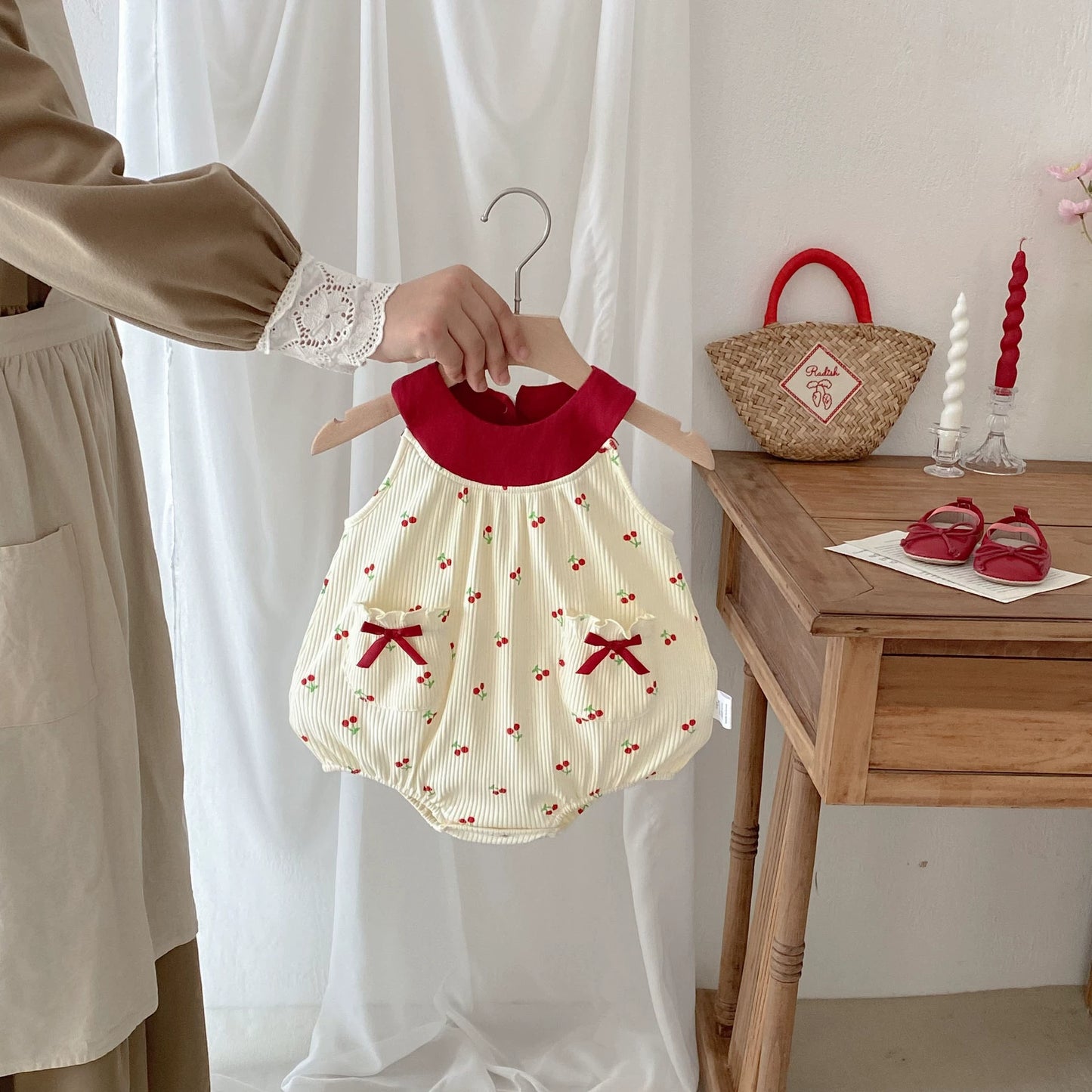 Summer Arrival Baby Girls Sleeveless Embroidery Tulle Decorated Onesies with Cherry Pattern, MyKids-USA®, Baby One-Pieces, MyKids-USA -  -  -  -  -  -  - 