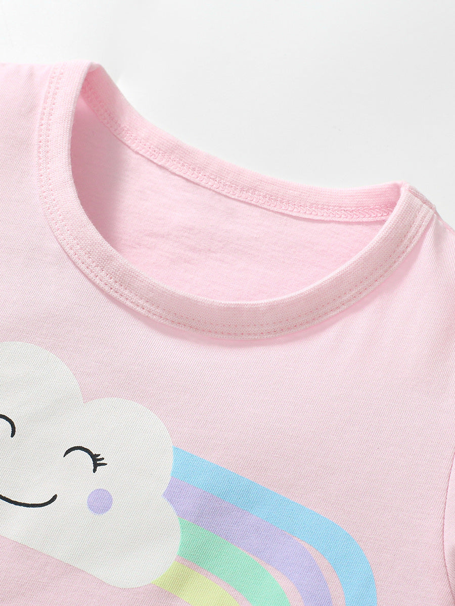 Crew Neck Rainbow Cloud Cartoon Girls’ T-Shirt In European And American Style For Summer