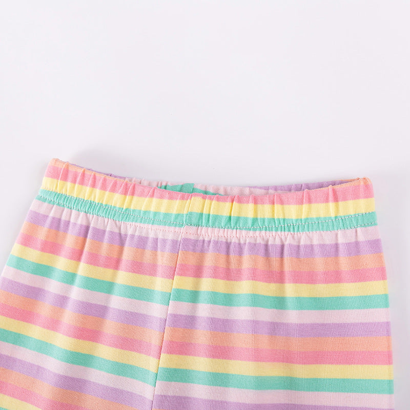Summer Hot Selling Baby Kids Girls Short Sleeves Cartoon Pattern T-shirt and Striped Pants Clothing Set