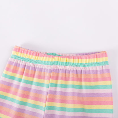 Summer Hot Selling Baby Kids Girls Short Sleeves Cartoon Pattern T-shirt and Striped Pants Clothing Set