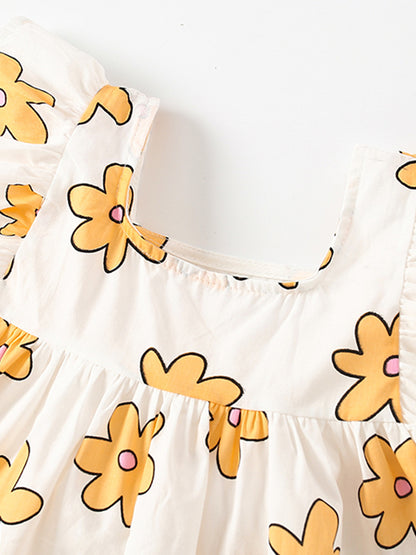 Summer Arrival Baby Kids Girls Fly Sleeves Floral Print Square Neck Yellow Dress, MyKids-USA®, Baby & Toddler Dresses, MyKids-USA -  -  -  -  -  -  - 