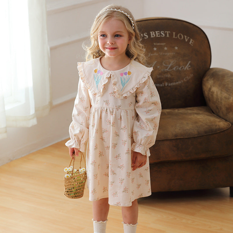 Spring and Autumn Flowers Pattern Long-sleeved Dress for Stylish Girls, MyKids-USA®, Baby & Toddler Dresses, MyKids-USA - Size/Age - 90 (12-24M) - Color - Apricot -  -  - TR2501012207-A