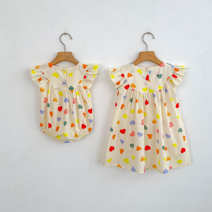 Summer Girls Simple Colorful Hearts Pattern Fly Sleeves Onesies and Girls’ Dress – Princess Sister Matching Set, MyKids-USA®, Baby One-Pieces, MyKids-USA -  -  -  -  -  -  - 