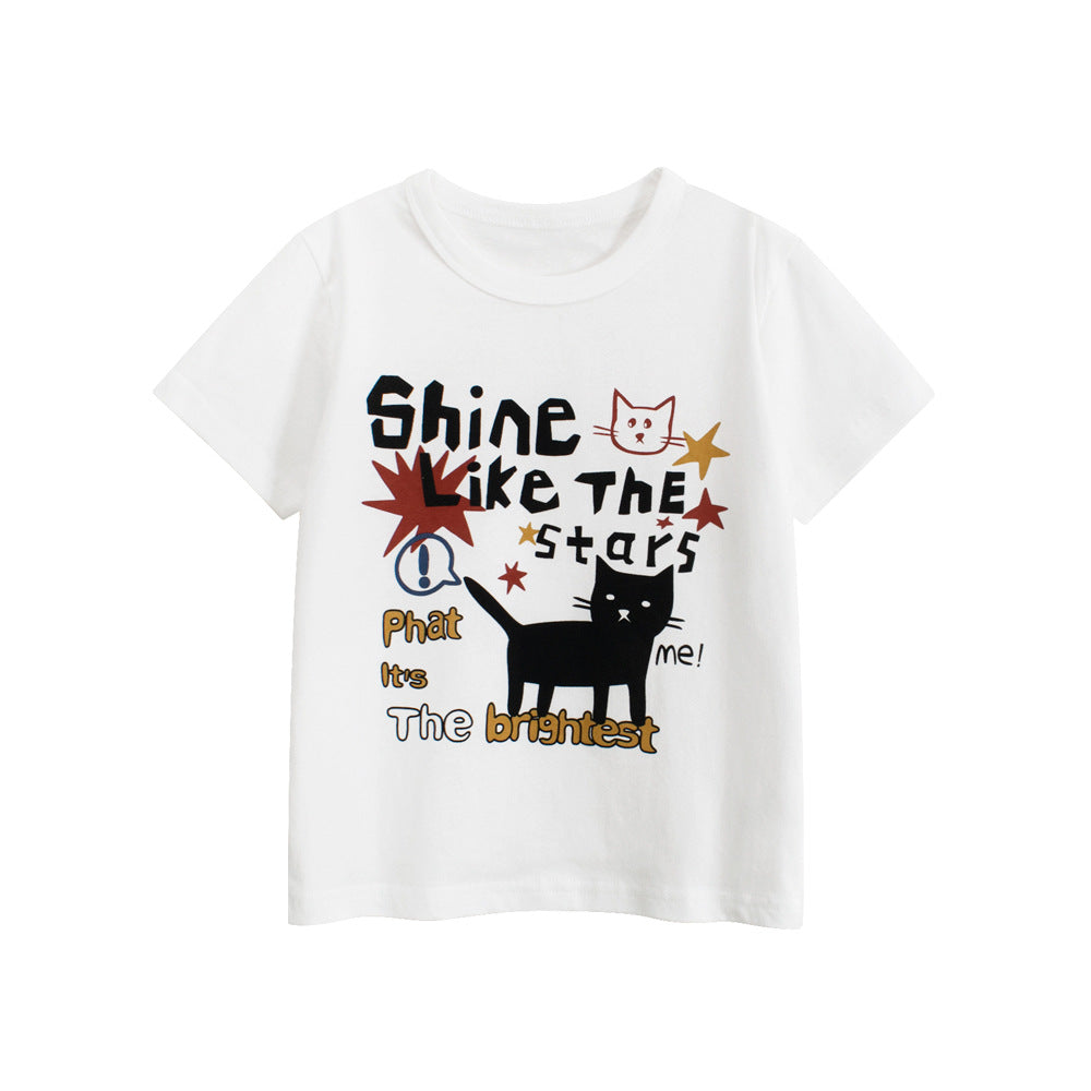 Summer Girls’ Cartoon Cats and Letters Pattern Printed T-shirt in European and American Style, MyKids-USA®, Baby & Toddler Tops, MyKids-USA - Size/Age - 90 (12-24M) - Color - White -  -  - TR2506171643-B