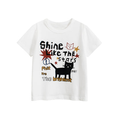 Summer Girls’ Cartoon Cats and Letters Pattern Printed T-shirt in European and American Style, MyKids-USA®, Baby & Toddler Tops, MyKids-USA - Size/Age - 90 (12-24M) - Color - White -  -  - TR2506171643-B