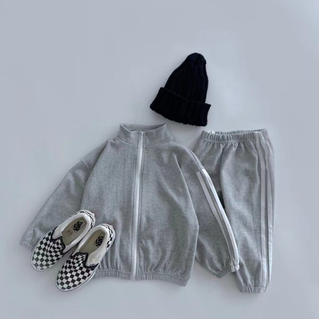Autumn Kids Unisex Casual Striped Long Sleeves Zip-up Stand Collar Top and Pants Clothing Set, MyKids-USA®, Baby & Toddler Outfits, MyKids-USA - Size/Age - 73 (6-9M) - Color - Grey -  -  - TR2411172337-C