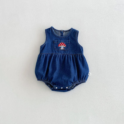 Summer Arrival Baby Girls Sleeveless Mushroom Pattern Denim Bodysuit