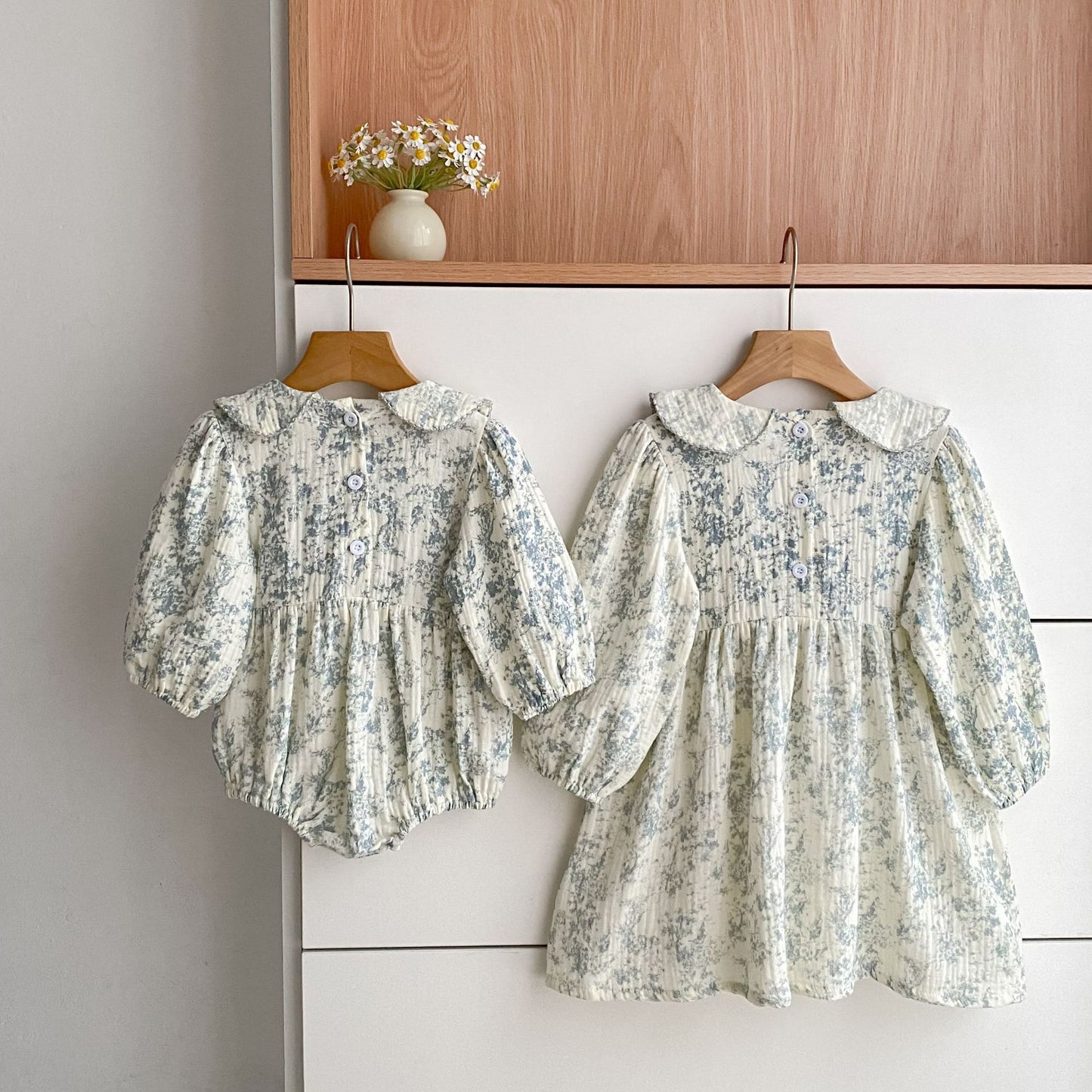 MyKids-USA® Autumn Baby Girls Peter Pan Collar Long-sleeved Floral Bodysuit and Dress – Princess Sister Matching Set