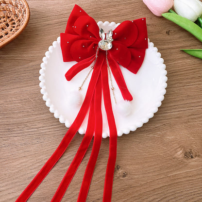 Sweet Red Children’s Hair Clip With Large Bow, Ribbon, And Beaded Dangles