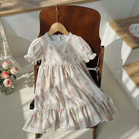 French Design Summer Baby Kids Girls Short Sleeves Square Neck Floral Dress
