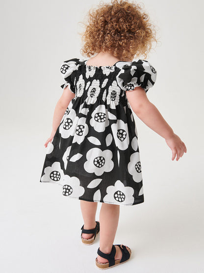 Baby Girls Square Neck Short Sleeves Black Floral Dress