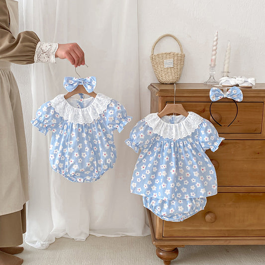 Design Summer Girls Flowers Pattern Short Sleeves Hollow Out Collar Onesies And Clothing Set – Sister Matching Clothing Set, MyKids-USA®, Baby & Toddler Outfits, MyKids-USA -  -  -  -  -  -  - 