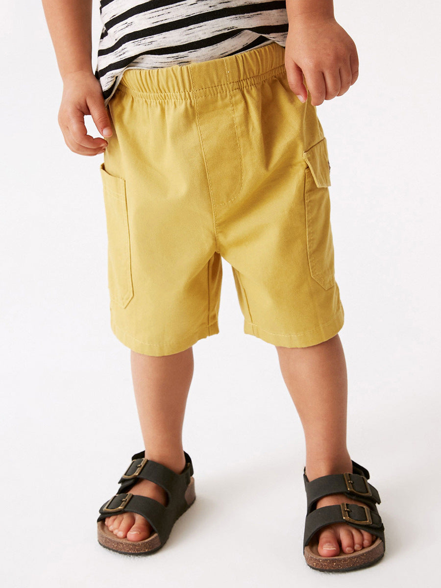 Boys Solid Yellow Cotton Casual Style Shorts With Pockets