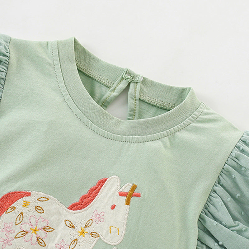 Summer Girls’ Pony and Flowers Pattern T-shirt in European and American Style, MyKids-USA®, Baby & Toddler Tops, MyKids-USA -  -  -  -  -  -  - 