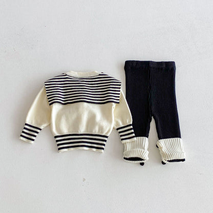 Winter and Autumn Baby Kids Girls Striped Long Sleeves Cardigan and Color Patchwork Pants Knitted Clothing Set, MyKids-USA®, Baby & Toddler Outfits, MyKids-USA -  -  -  -  -  -  - 