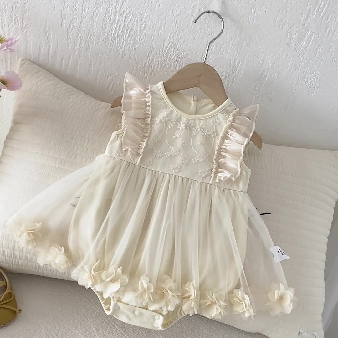 Design Summer Baby Kids Girls Fly Sleeves Flowers Pattern Tulle Decorated Bodysuit, MyKids-USA®, Bodysuits, MyKids-USA - Size/Age - 66 (3-6M) - Color - Apricot -  -  - TR2604151419-A.