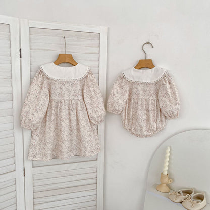 Arrival Spring and Autumn Flowers Pattern Baby Kids Girls Peter Pan Collar Onesies and Dress – Princess Sister Matching Set