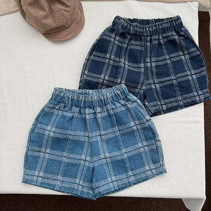 Baby Denim Blue Plaid Pattern Loose Shorts