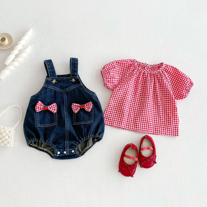 Summer Hot Selling Baby Kids Girls Sleeveless Pocketed Denim Strap Onesies Overalls and Red Plaid T-Shirt Clothing Set, MyKids-USA®, Baby & Toddler Outfits, MyKids-USA - Size/Age - 66 (3-6M) - Color - Red -  -  - TR2505142012-A