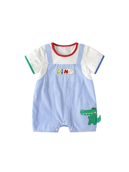 Summer Arrival Baby Boys Short Sleeves Cartoon Pattern Color Patchwork Rompers Bodysuits