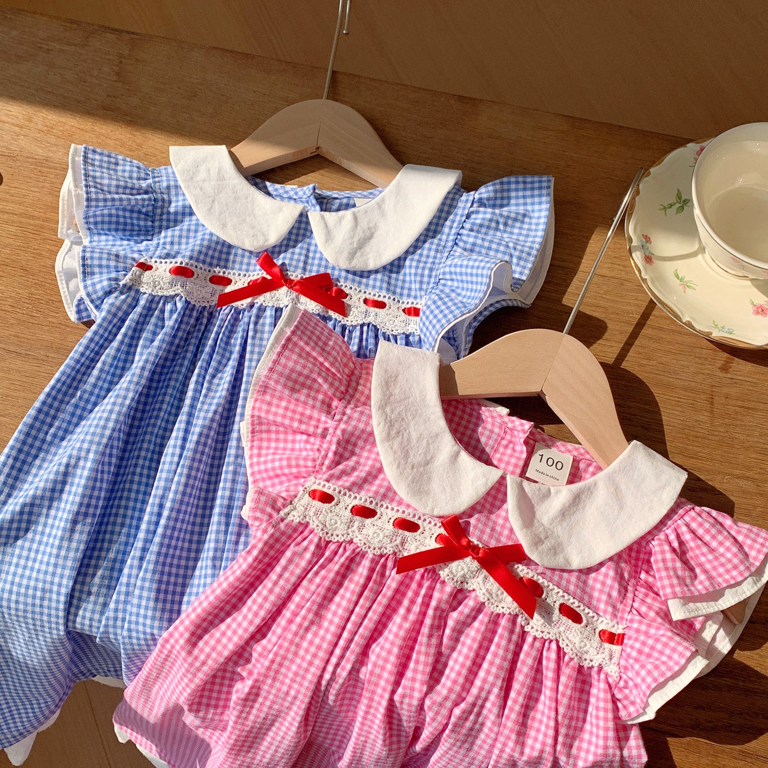 summer infant saucer Summer Baby Kids Girls French Fly Sleeves Floral Pattern Embroidered Pattern Plaid Dress 100 (2-3Y) / Pink