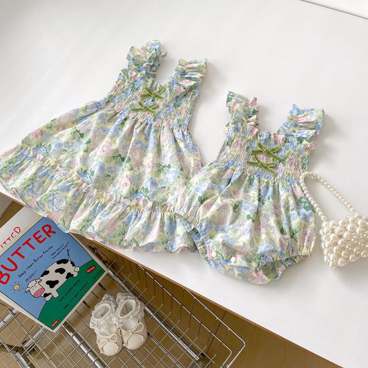 Design Summer Girls Oil Floral Print Sleeveless Strap Onesies And Dress – Princess Sister Matching Set, MyKids-USA®, Baby & Toddler Outfits, MyKids-USA -  -  -  -  -  -  - 