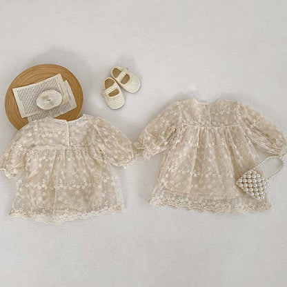 Baby Girl Mesh Patched Design Suqare Neck Onesies Dress & Dress
