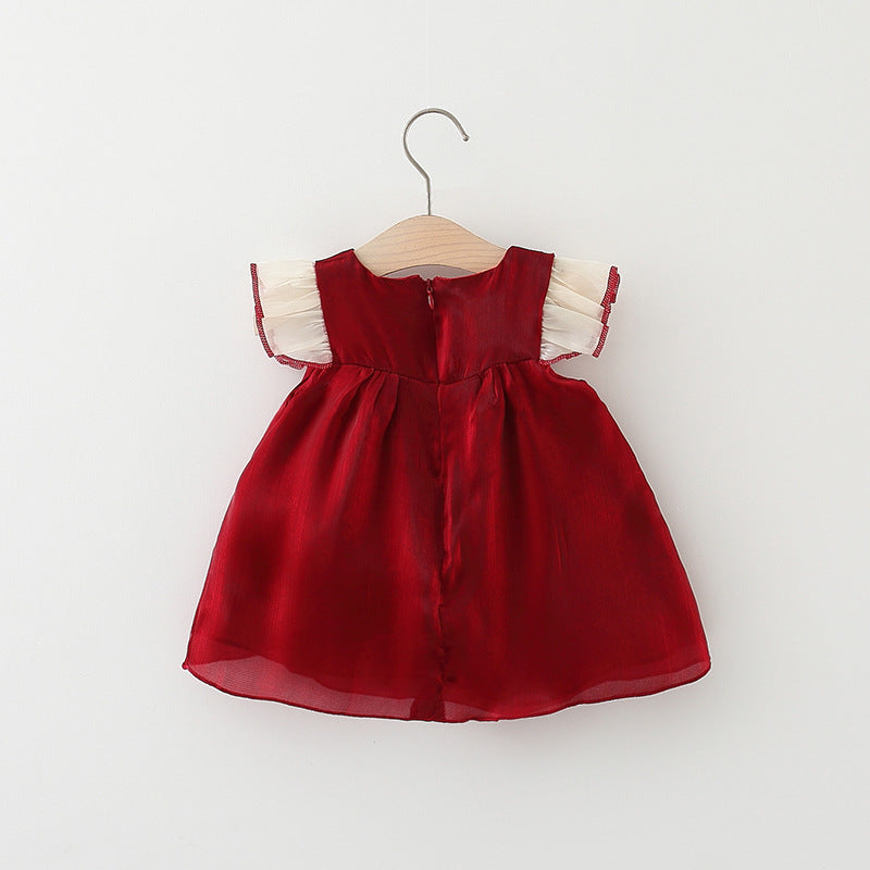 Baby Girl Solid Color Bow Tie Patched Design Mesh Princess Dress