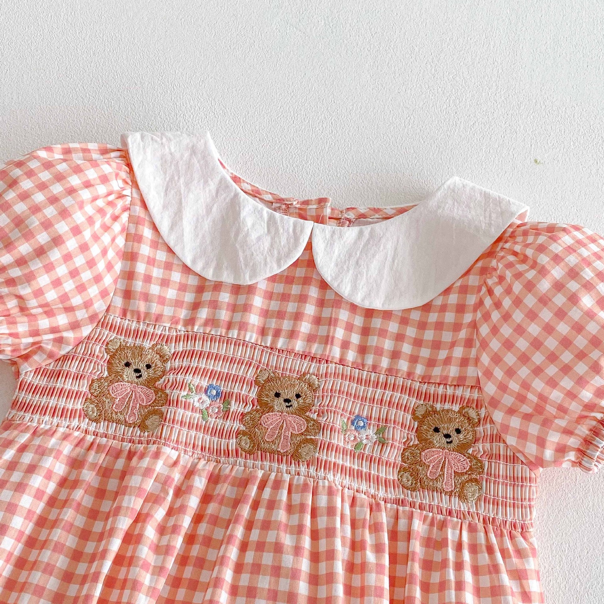Summer Arrival Baby Girls Cute Plaid Short Sleeves Teddy Pattern Onesies, MyKids-USA®, Baby One-Pieces, MyKids-USA -  -  -  -  -  -  - 