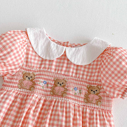 Summer Arrival Baby Girls Cute Plaid Short Sleeves Teddy Pattern Onesies, MyKids-USA®, Baby One-Pieces, MyKids-USA -  -  -  -  -  -  - 