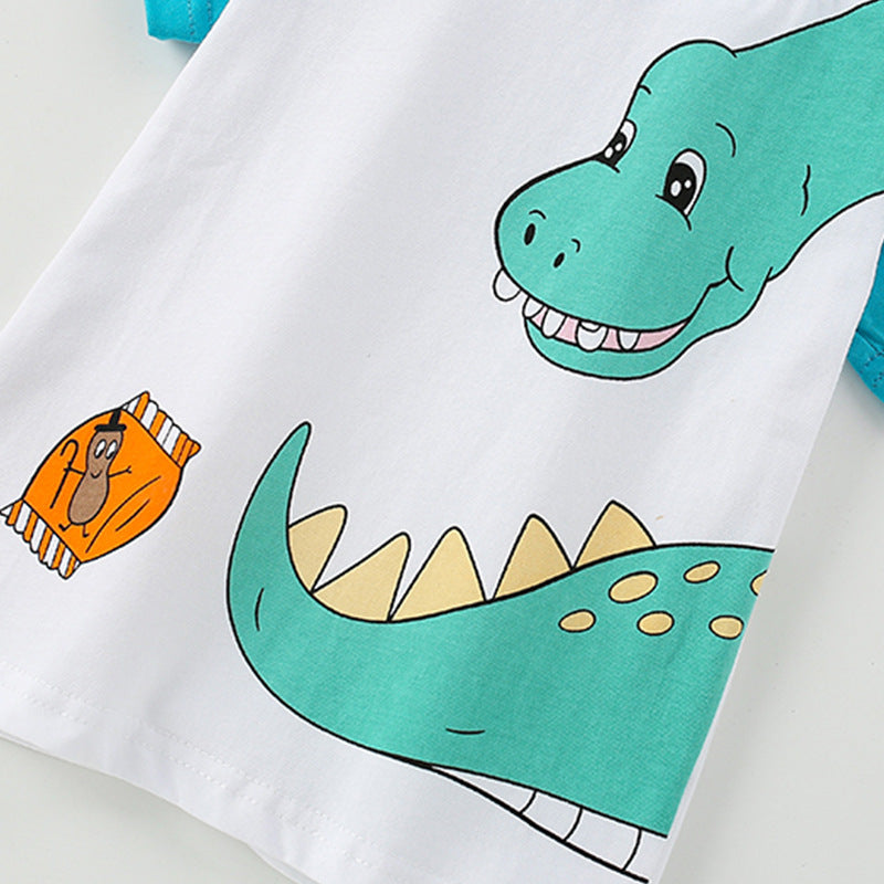 Summer Boys’ Dinosaur Cartoon Pattern Color Patchwork T-shirt in European and American Style, MyKids-USA®, Baby & Toddler Tops, MyKids-USA -  -  -  -  -  -  - 