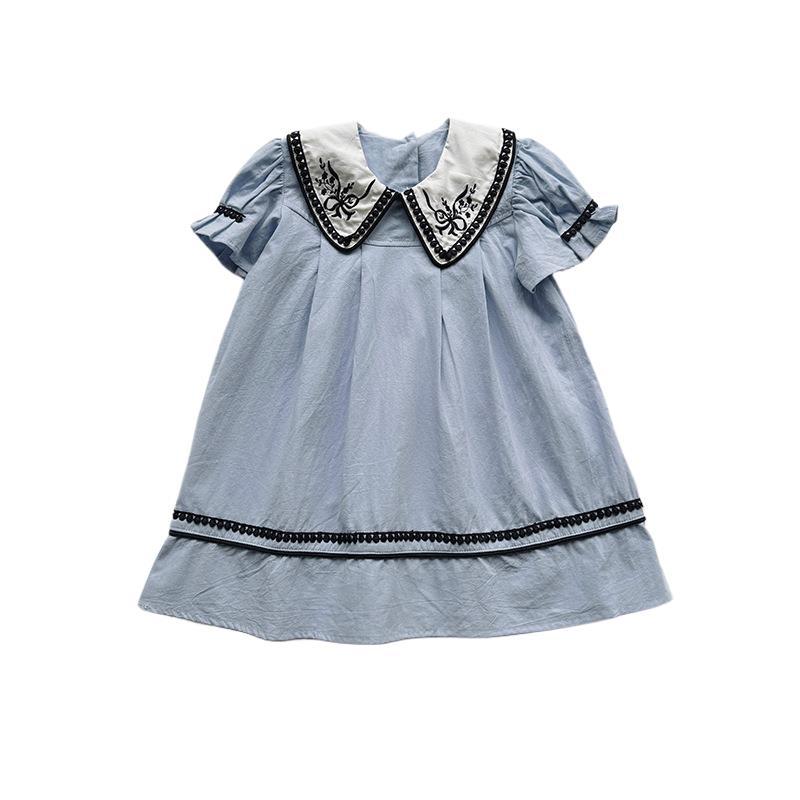 Summer Arrival Baby Girls Short Sleeves Vintage Flowers Embroidered Collar Dress, MyKids-USA®, Baby & Children's Dresses, MyKids-USA - Size/Age - 90 (12-24M) - Color - Blue -  -  - TR2604142356-A.
