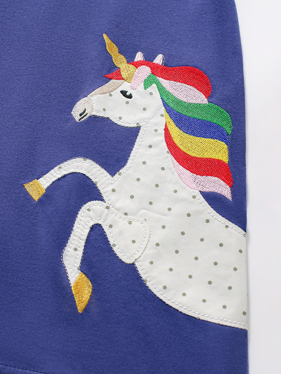 European and American Style Short Sleeve Horse Pattern Princess Dress for Girls, Summer Dress for Toddlers and Young Children 130 (7-8Y) / Blue European and American Style Short Sleeve Horse Pattern Princess Dress for Girls, Summer Dress for Toddlers and Young Children 130 (7-8Y) / Blue