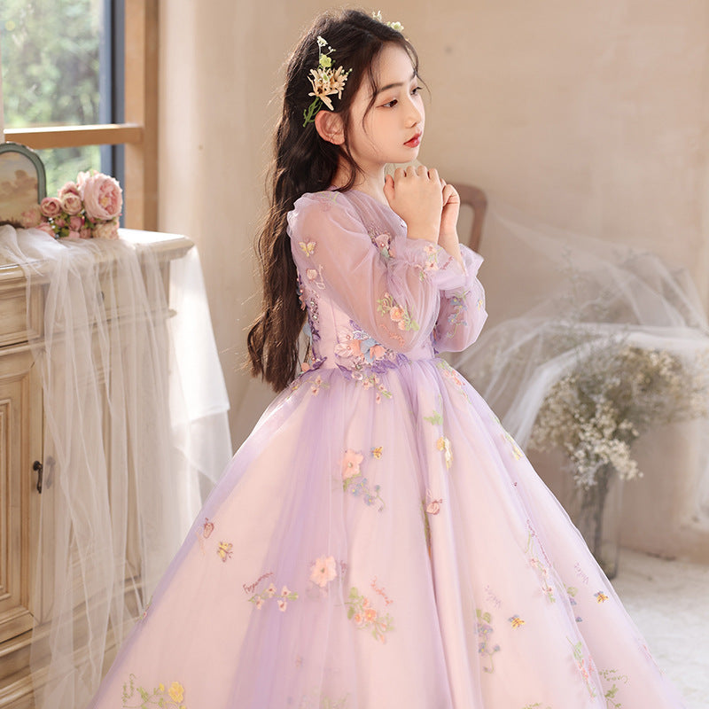 Princess Purple Birthday Dress For Girls: Luxurious Long-Sleeved Piano Performance Attire, Perfect For Spring Celebrations