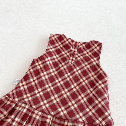 Spring Arrival Baby Kids Girls Cute Argyle and Plaid Pattern Sleeveless Dress with Hat