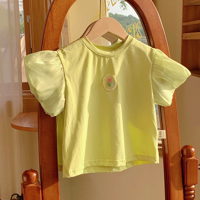Summer New Design Girls Crew Neck Short Lantern Sleeves Little Flower Embroidery Pattern T-Shirt