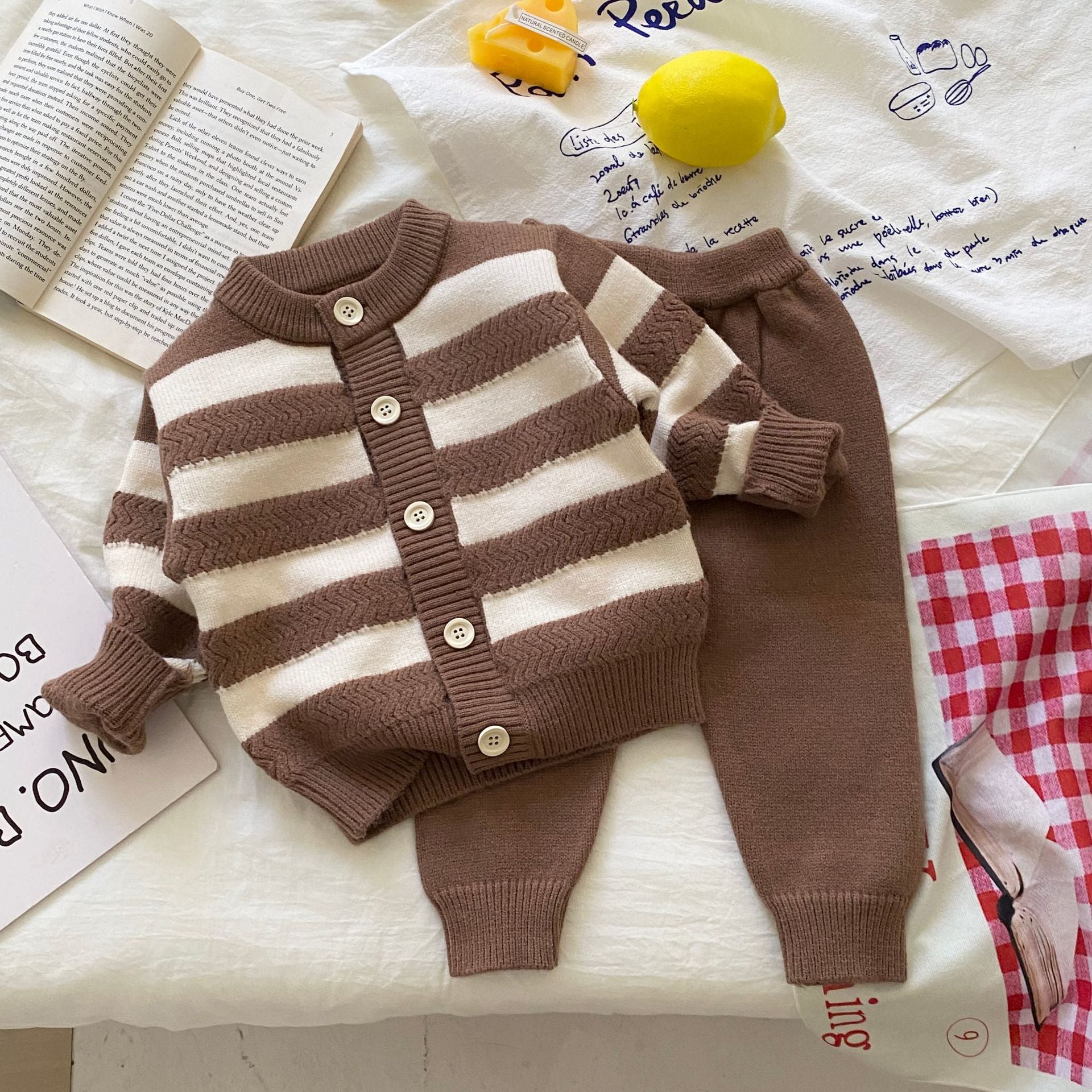 Autumn and Winter Arrival Baby Kids Unisex Long Sleeves Striped Pattern Crew Neck Knitted Cardigan and Pants Clothing Sets, MyKids-USA®, Baby & Toddler Outfits, MyKids-USA - Size/Age - 66 (3-6M) - Color - Brown -  -  - TR2509202241-A