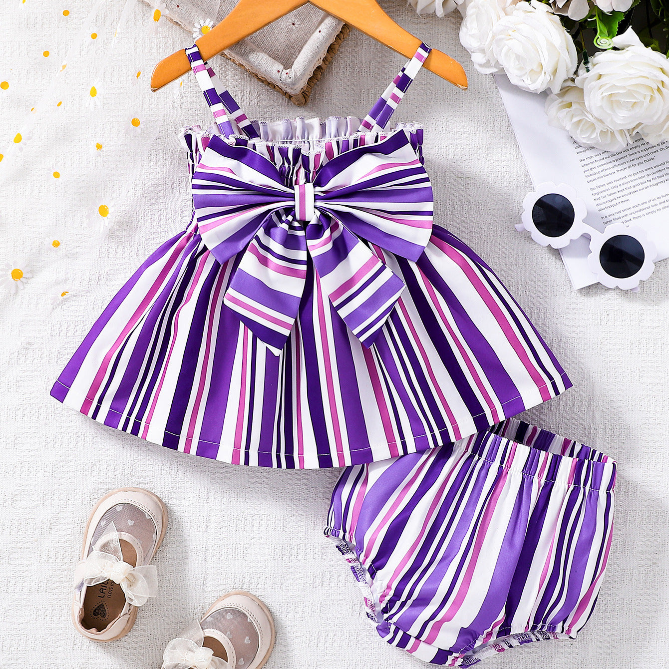 Design Summer Baby Kids Girls Sleeveless Striped Pattern Dress with Bloomers Set