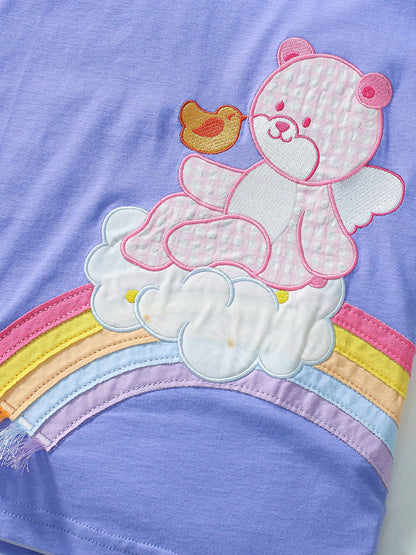 Summer Baby Kids Girls Rainbow Teddy Pattern Short Sleeves T-Shirt And Striped Pants Clothing Set