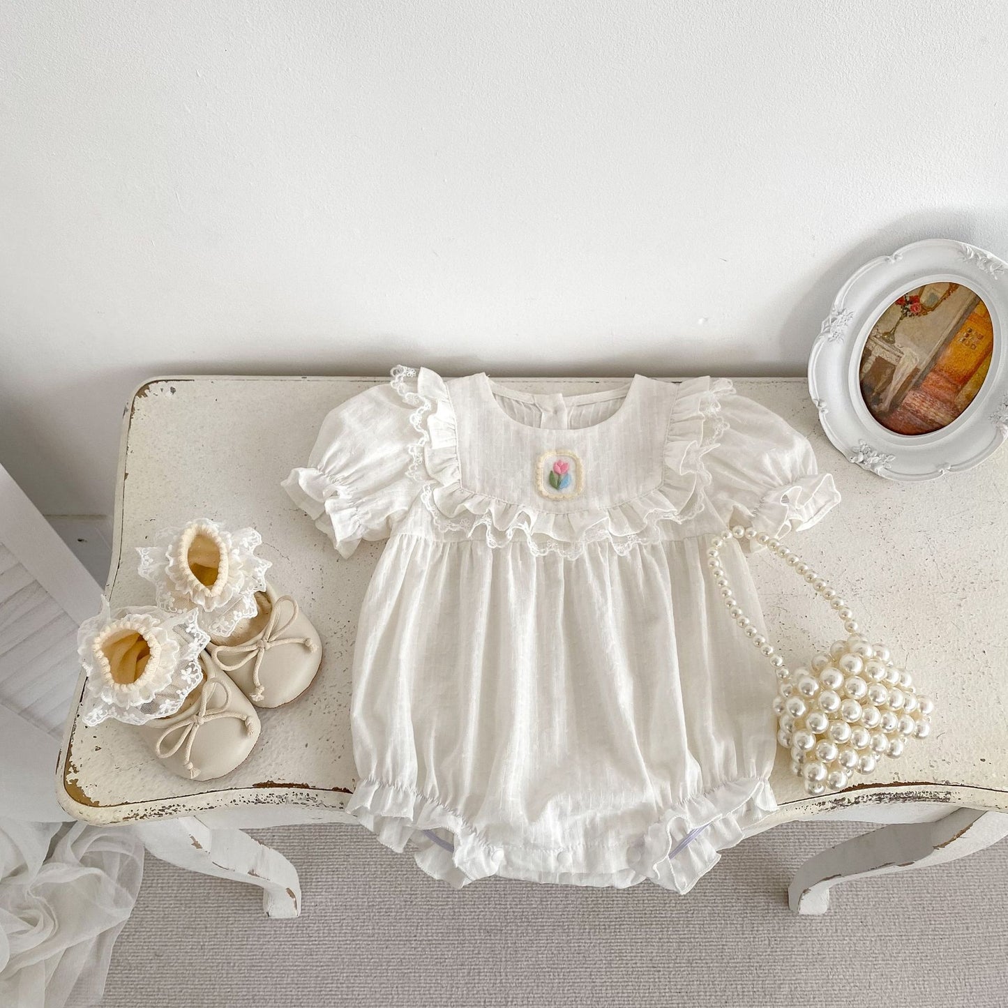 Summer Baby Girls Flower-Embroidered Short Sleeves White Onesies, MyKids-USA®, Baby One-Pieces, MyKids-USA -  -  -  -  -  -  - 