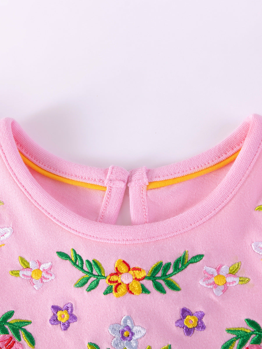Summer Arrival Flowers Pattern Embroidered Short Sleeves Dress for Stylish Girls