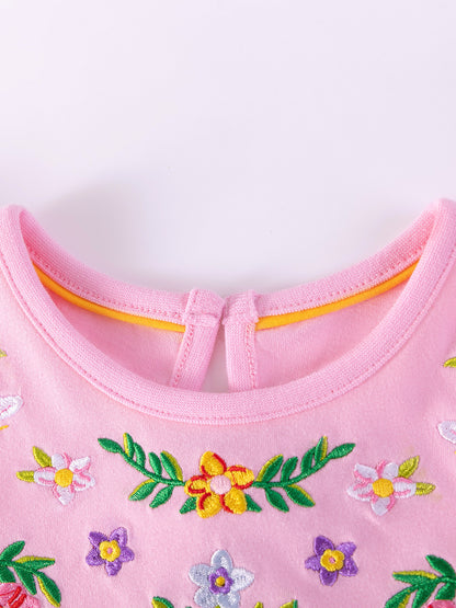 Summer Arrival Flowers Pattern Embroidered Short Sleeves Dress for Stylish Girls