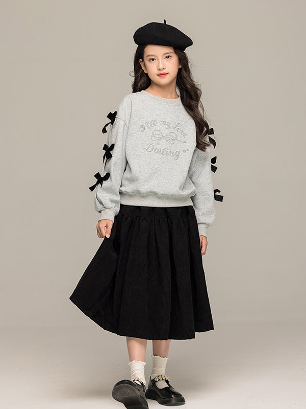 Arrival Autumn Kids Girls Long Sleeves Letters and Butterfly-bow Pattern Sweatshirt and Black Skirt