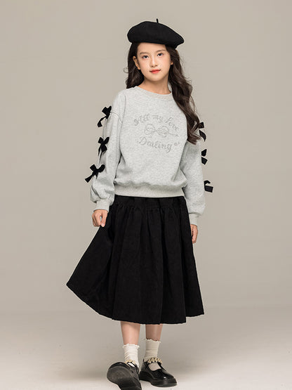 Arrival Autumn Kids Girls Long Sleeves Letters and Butterfly-bow Pattern Sweatshirt and Black Skirt