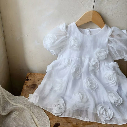 Summer Arrival Baby Girls Short Sleeves Solid Color Flowers Pattern Bodysuit Dress