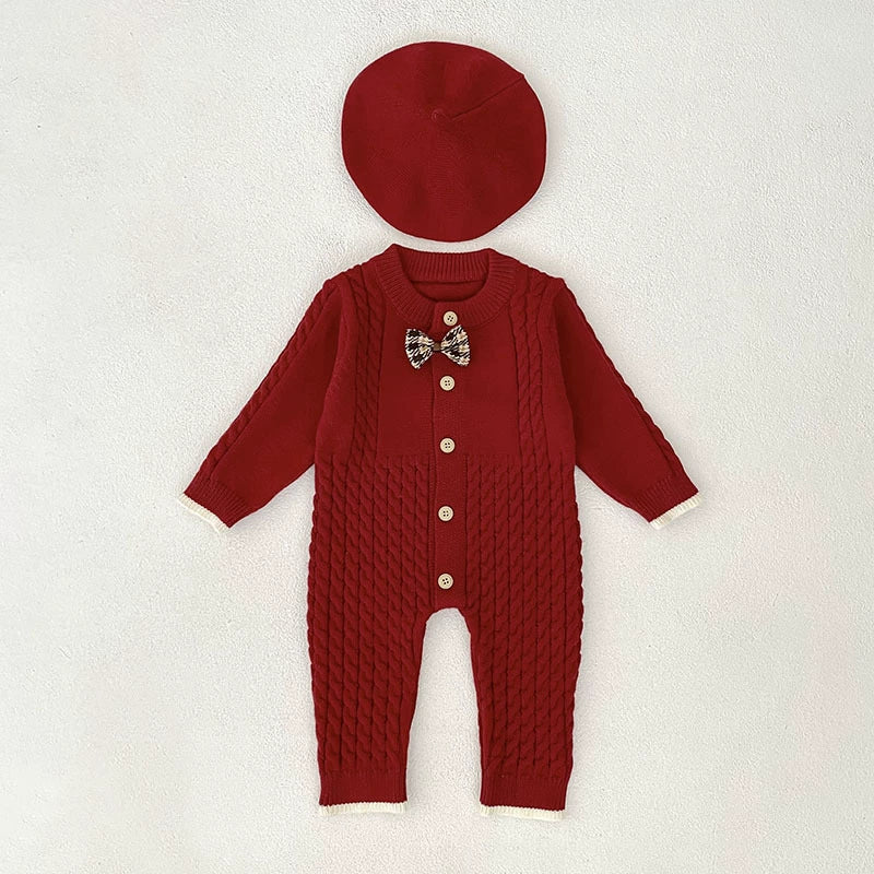 Autumn Arrival Unisex Baby’s Solid Color Geometric Jacquard Pattern Knitted Rompers with Butterfly-bow, MyKids-USA®, Baby One-Pieces, MyKids-USA - Size/Age - 66 (3-6M) - Color - Red -  -  - TR2507242056-B