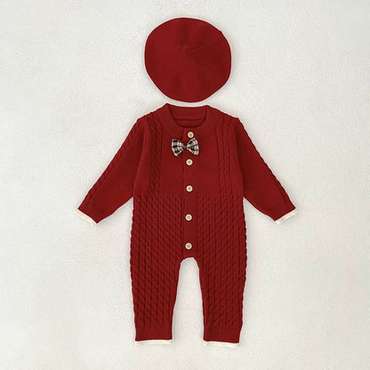 Autumn Arrival Unisex Baby’s Solid Color Geometric Jacquard Pattern Knitted Rompers with Butterfly-bow, MyKids-USA®, Baby One-Pieces, MyKids-USA - Size/Age - 66 (3-6M) - Color - Red -  -  - TR2507242056-B