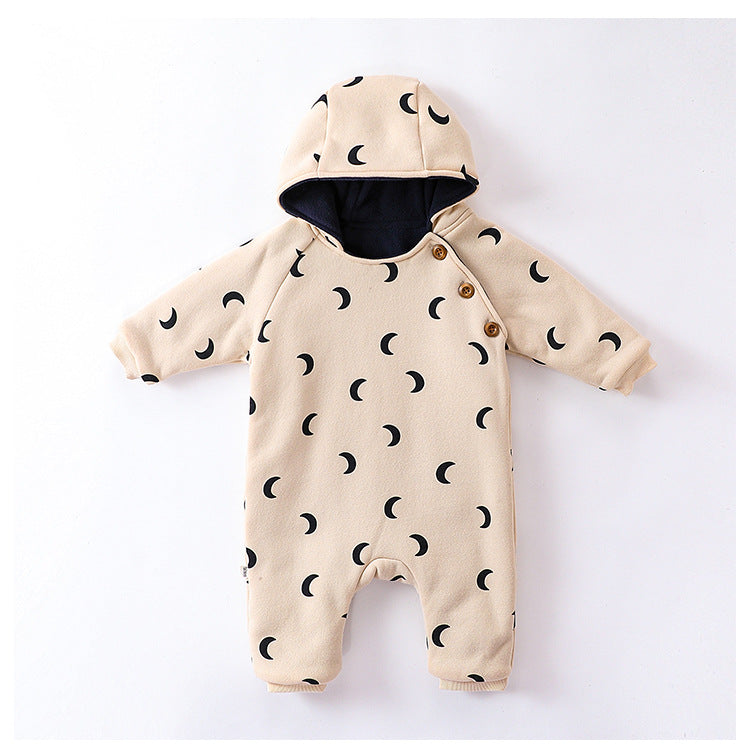 Baby Unisex Moon Print Cotton Padded Thickened Winter Hoodie Romper