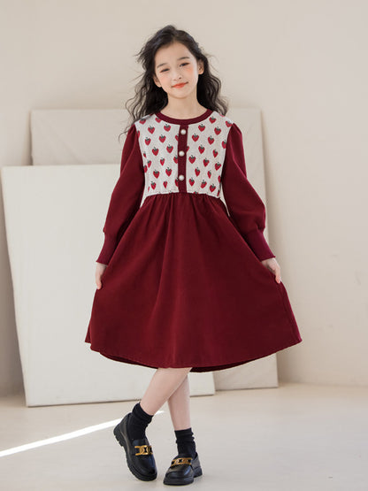 Autumn Arrival Long Sleeves Strawberry Pattern Knitted Dress for Stylish Girls